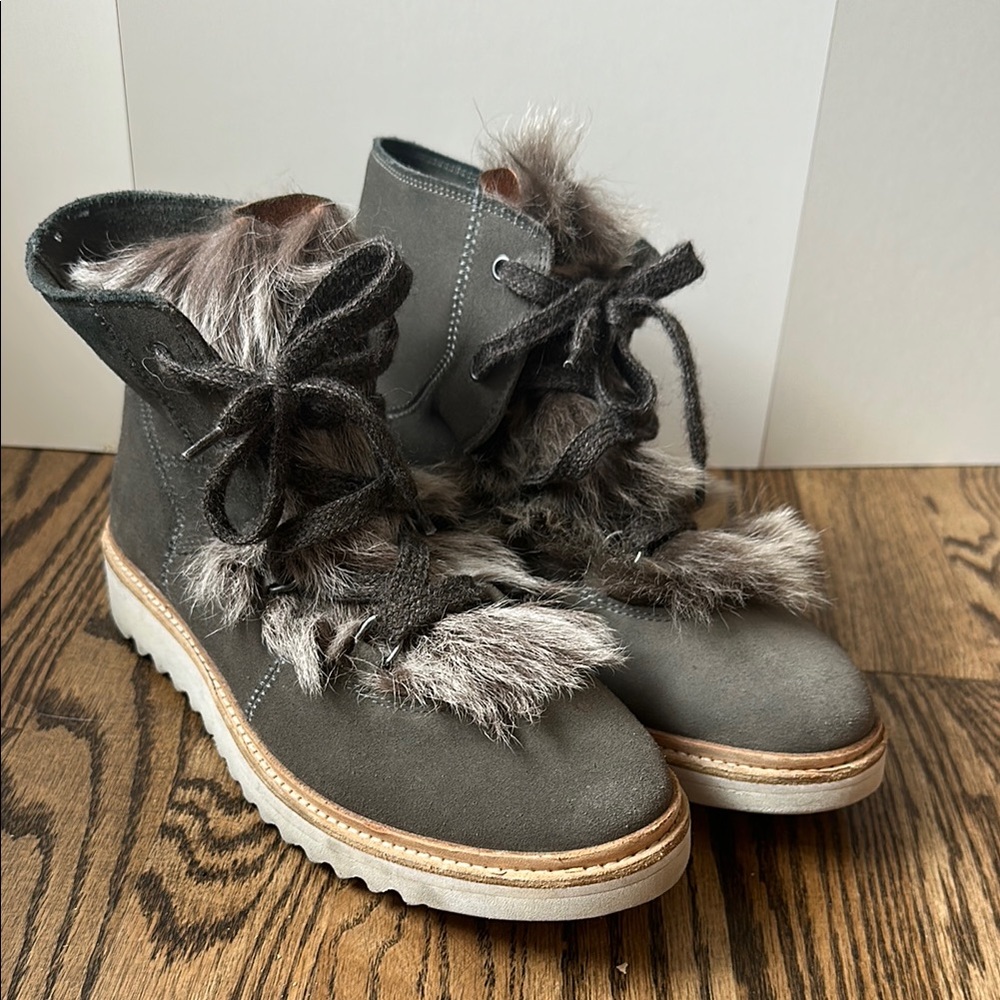 Johnson & Murphy Womens Gray Suede real Fur Trim Lace-Up Boots 7.5/8